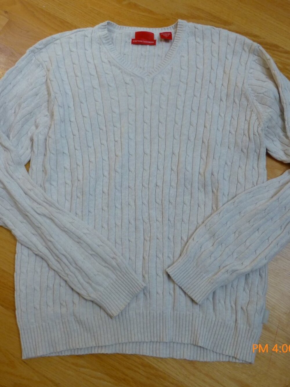 IZOD Sweater Mens Cable Knit Cream V Neck XL Cashmere Blend Preppy